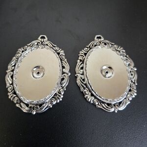 Silver Plated Black Vintage Ornate Oval Cabochon Blank Jewelry Making 2 Pc
